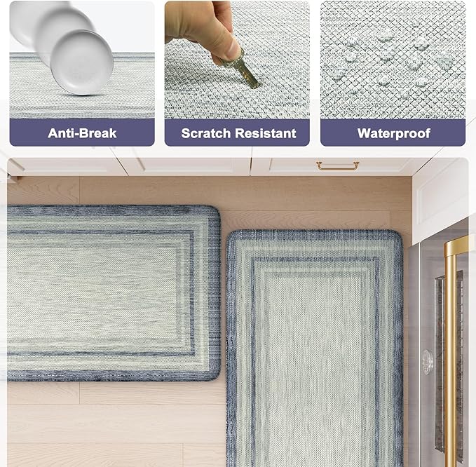 KIMODE Anti Fatigue Kitchen Mats for Floor 2 Piece, Farmhouse Kitchen Rugs Non Slip, Padded Kitchen Floor Mats Non Slip, Cushioned Standing Mats for Sink Laundry Desk Blue Grey 20"x59"+20"x32"