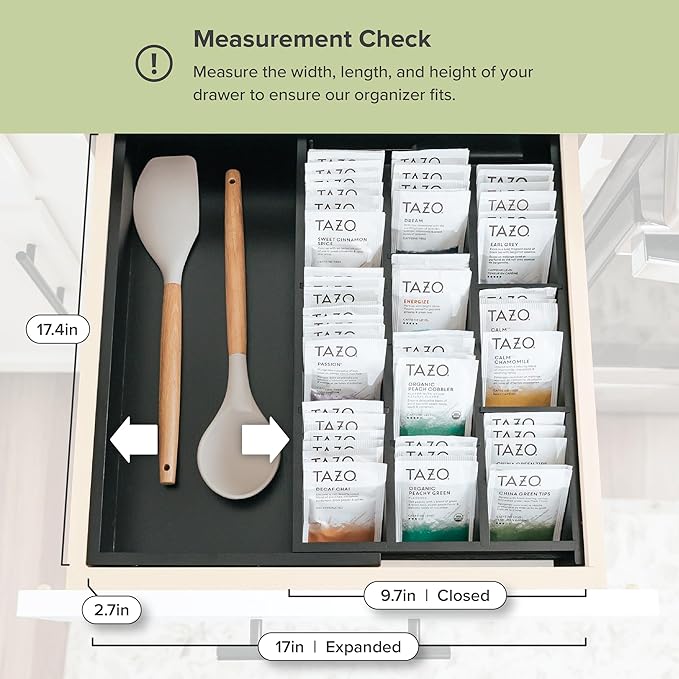 Tea Bag and Coffee Pod Kitchen Drawer Organizer, Expandable 9.7 to 17 Inches, 10 Storage Compartments, Adjustable Wall Inserts, Non-Slip Feet, Food-Safe Black Finish, 100% Bamboo Wood