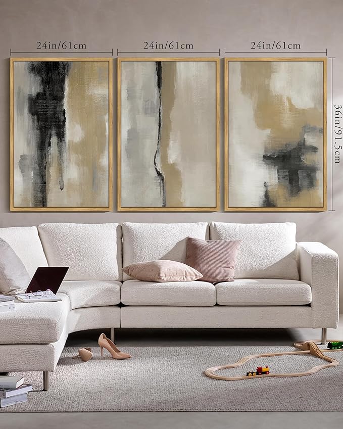 KUVIOKE Black Gray Abstract Framed Wall Art Minimalist Modern Neutral Wall Art Decor for Living Room Hallway Bedroom Ready to Hang 24x36in (Natural Framed)