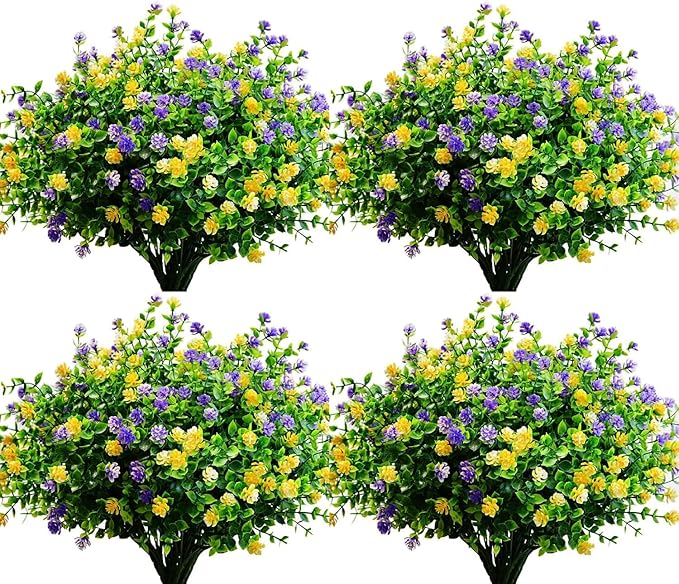 LADADA 12 Bundles Outdoor Plant Flowers, Silk UV Resistant, Outdoor Porch, Home Courtyard, Garden Decoration（Yellow Purple）