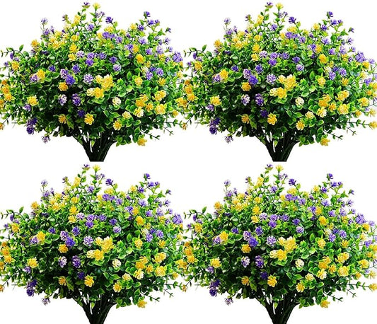 LADADA 12 Bundles Outdoor Plant Flowers, Silk UV Resistant, Outdoor Porch, Home Courtyard, Garden Decoration（Yellow Purple）