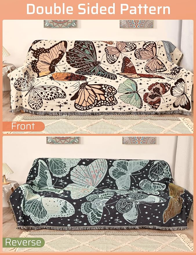 Boho Throw Blanket for Bed Couch Sofa Reversible Cotton Bohemian Travel Boho Quilt Mexican Muslin Blanket Tapestry Hippie Room Decor Outdoor Blanket Double Sided (Month Moth Print 60"x80")