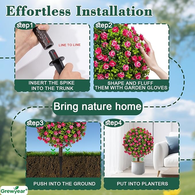 Artificial Red Rose Topiary Ball Trees with Ground Spike Set of 2, Faux Boxwoods for Outdoor Planters, UV Resistant Artificial Outdoor Plants for Porch, Fake Bushes Round Shrub