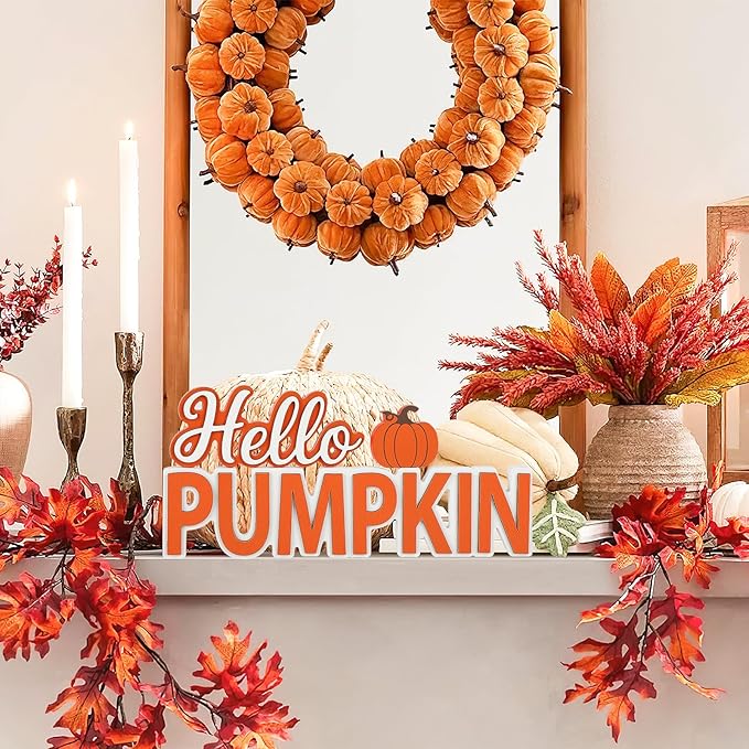 Fall Hello Pumpkin Wooden Sign Thanksgiving Tiered Tray Decorations Fall Decorations for Home Autumn Sign with Hello Pumpkin Lettered Centerpieces for Harvest Halloween