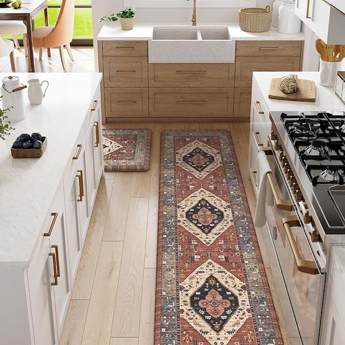 KIMODE Anti Fatigue Kitchen Mats for Floor 2 Piece, Farmhouse Kitchen Rugs, Non Slip Waterproof Kitchen Floor Mats, Memory Foam Standing Mats for Sink Laundry Office Desk Red 20"x71"+20"x32"