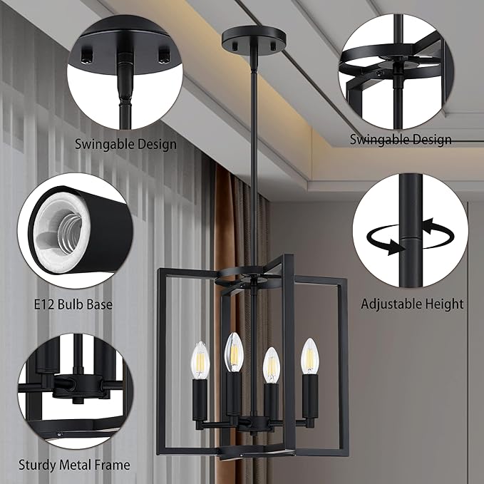 Leading Lighting 4 Light Rustic Kitchen Island Farmhouse Hanging Chandelier Light Fixture,with Black Finish Metal Frame for Entryway Dinning Room Bedroom