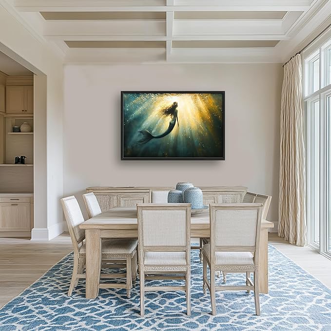 Olivine Mermaid Wall Art, Ocean Pictures Wall Decor, Coastal Painting, Marine Life Canvas Prints, Framed Artwork for Bathroom Bedroom Living Room Office Home Decoration 36"x24"