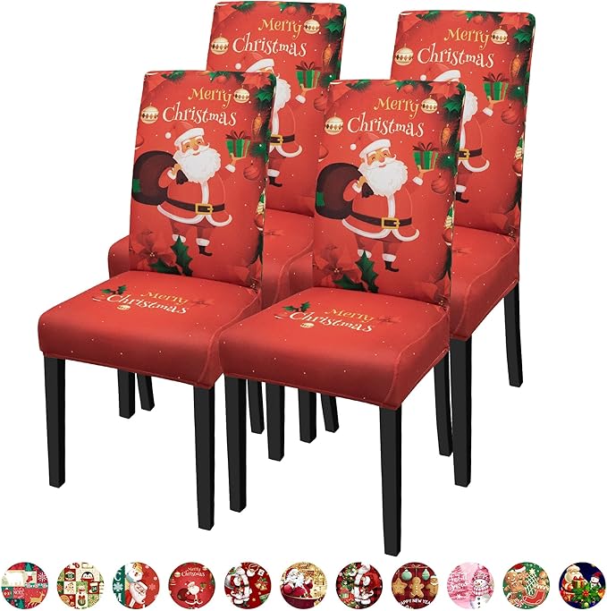 Christmas Chair Covers for Dining Chairs, Dining Room Chair Covers Set of 4, Stretch Parsons Chair Slipcovers, Removable Washable kitchen Chair Cover for Home Hotel Banquet Holiday Decoration