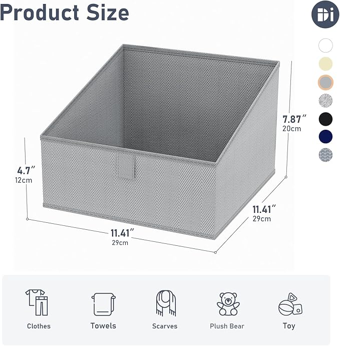 DIMJ Storage Bins for Closet, Trapezoid Storage Bins with Front Handle, Fabric Storage Baskets for Shelves, Line Closet Organizers for Toys, Boooks, Clothes, 6 Packs (Grey)