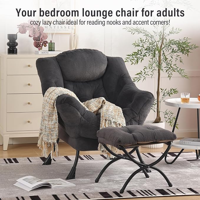 Oversized Chair with Ottoman, Modern Reading Chair, Lounge Accent Chair with Armrests and a Side Pocket for Small Space, Bedroom, Study, Living Room (Plush Dark Greyish Blue)