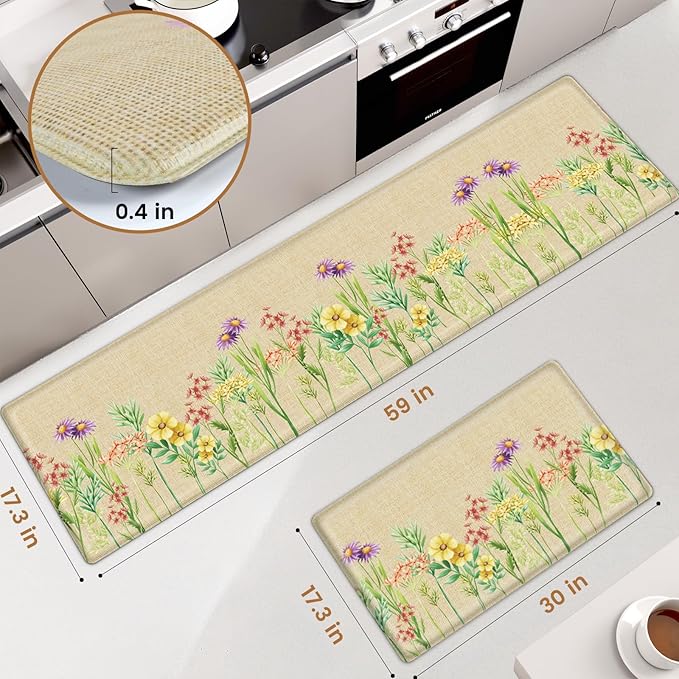 Kitchen Mats for Floor, 2-Piece Anti-Fatigue Waterproof Kitchen Rugs for Apartment Decor, Easy-Clean Standing Mat with Non-Slip Back for Home, Office, Laundry (17.3"×59" +17.3"×30")