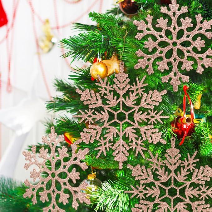 6pcs Large Snowflakes Ornaments Rose Gold 12” Big Plastic Glitter Snowflake for Winter Indoor Outdoor Christmas Tree Window Room Decorations Giant Craft Snowflakes