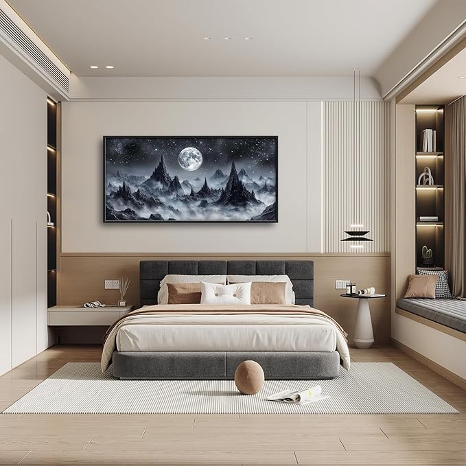 Olivine Mountain Large Wall Art, Moon Pictures Wall Decor, Nature Landscape Paintings, Night Mountains Canvas Prints, Framed Artwork for Dining Room Bedroom Living Room Office Bathroom Home 60"x30"