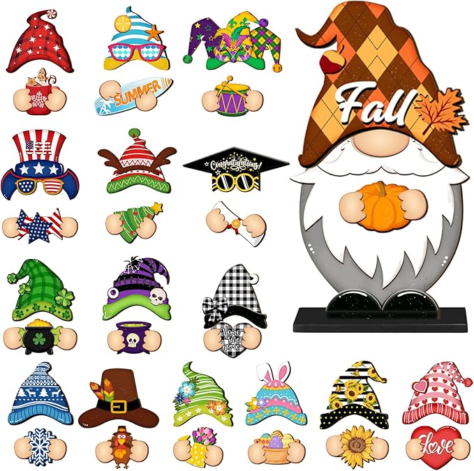 Blulu Interchangeable Wooden Gnome Decor DIY Holiday Seasonal Fall Gnomes Halloween Tiered Tray Decoration with Magnet Pieces Halloween Welcome Sign for Holiday Decorations(Classic)