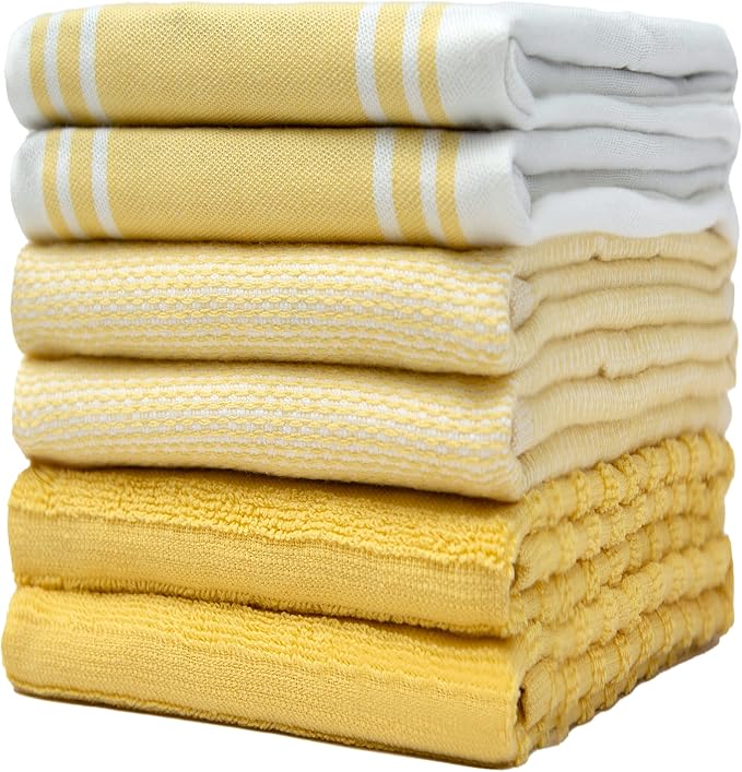 Premium Large Kitchen Hand Towels (20"x 28", 6 Pack) | Cotton Flat & Terry Towels | Highly Absorbent Tea Towels Set With Hanging Loop | Wide Stripe Yellow