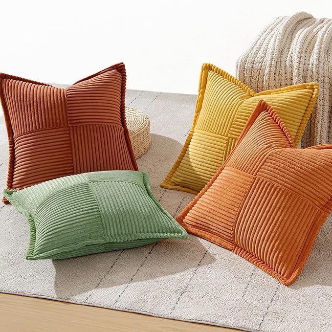 MIULEE Fall Burnt Orange Green Throw Pillow Covers 16x16 Inch 4 Packs Soft Boho Decorative Color-Clash Pillow Cases Modern Farmhouse Cushion Cases for Couch Sofa Bed Corduroy Striped Home Decor