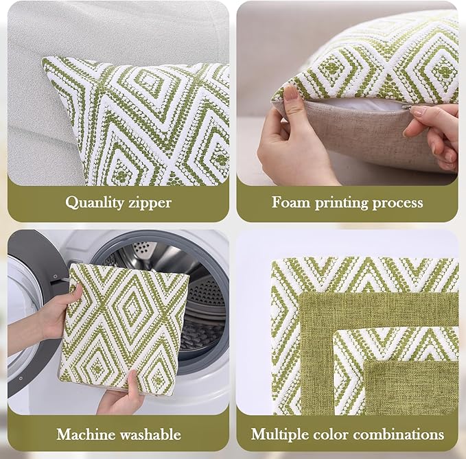 HPUK Decorative Throw Pillow Covers Set of 4 Geometric Design Linen Cushion Cover for Couch Sofa Living Room, 18"x18" inches, Green