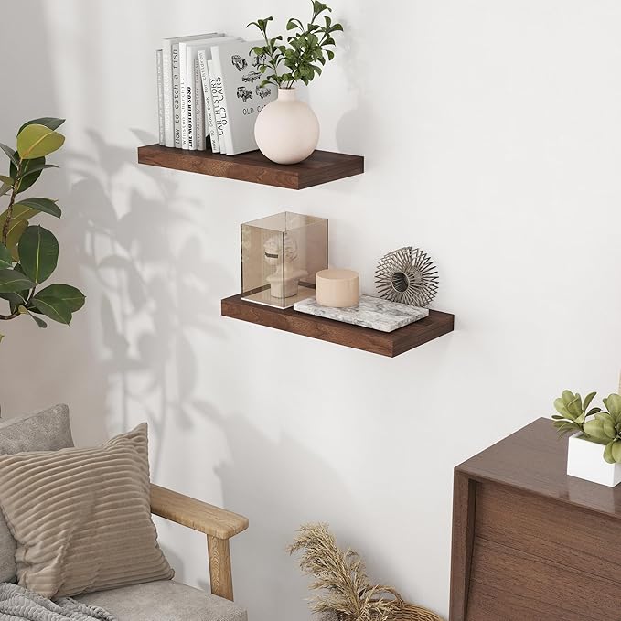 Floating Shelves for Wall, 16x9.3 Wall Shelves Set of 2, Rustic Deep Bathroom Shelf, 9.3 Inch Deep Floating Shelf for Home Decor & Storage, Deep Shelves for Kitchen, Bedroom, Walnut Color