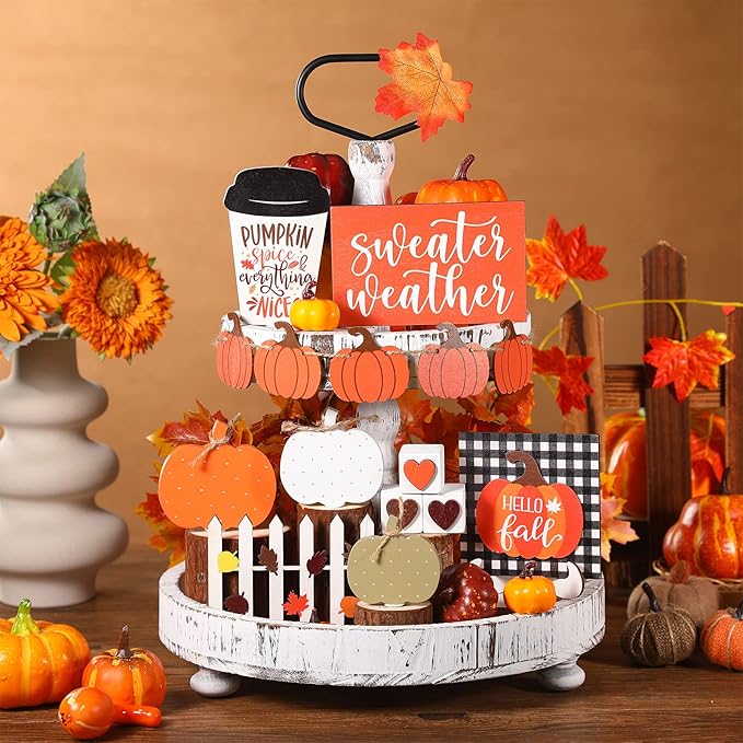 Sumind 15 Pcs Fall Tiered Tray Decor Set Fall Decorations for Home Autumn Wood Signs Thanksgiving Orange Brown Table Signs Farmhouse Wooden Maple Pumpkin Gnomes Tabletop for Festival(Pumpkin)
