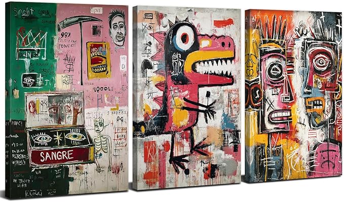 Jean Michel Basquiat Wall Art Set of 3 Framed Basquiat Posters Prints Pictures for Teens Bedroom Decor Graffiti Wall Decor Colorful Abstract Street Pop Art Paintings Artwork Home Decorations 12x16”