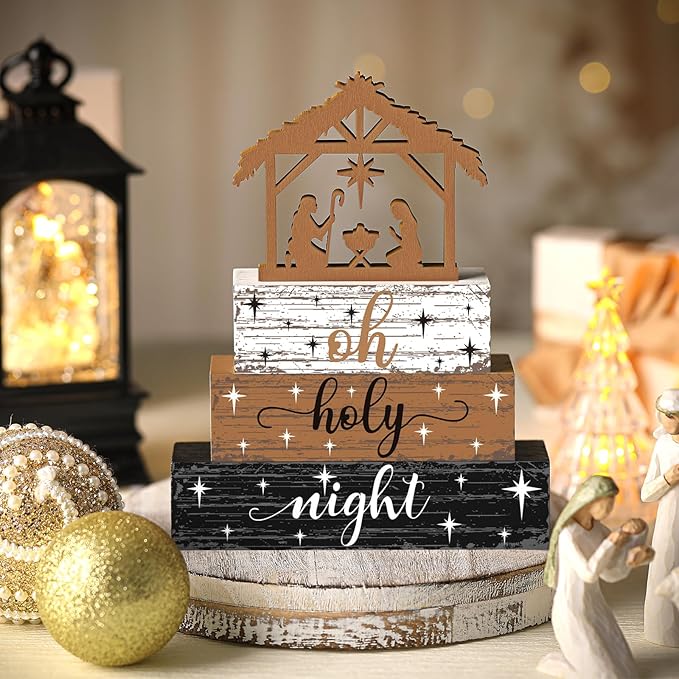 Geelin 4 Pieces Christmas Nativity Scene Table Decorations Xmas Wooden Silent Night Block Signs Holy Night Tabletop Centerpieces Farmhouse Tiered Tray Decor for Home Table Kitchen Shelf