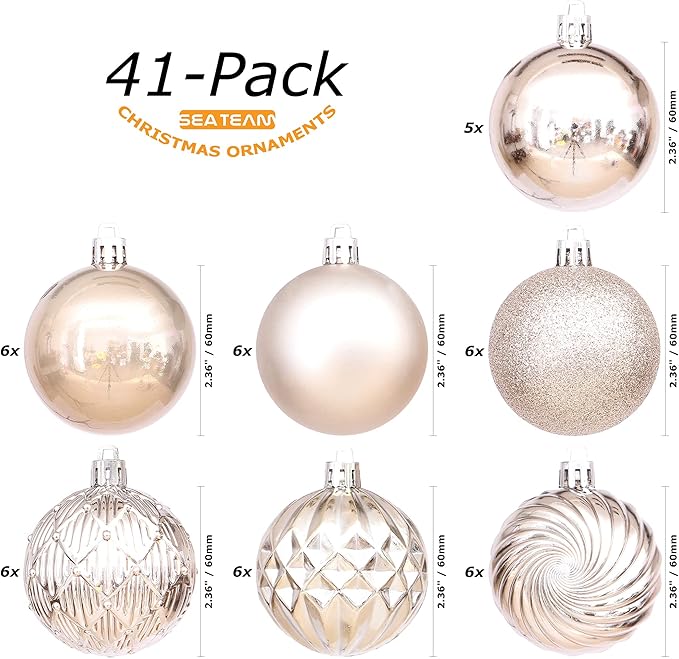 Sea Team 41Pcs Christmas Baubles Set Shatterproof Plastic Christmas Baubles with Strings Hanging Decorations for Christmas Tree Party Wedding Medium (Champagne, 60mm)