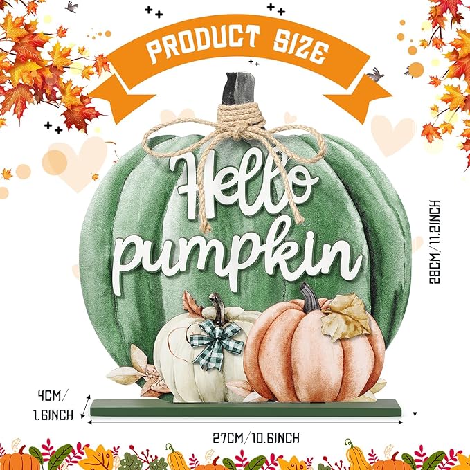 Soaoo Fall Decoration Wooden Fall Hello Pumpkin Sign Autumn Pumpkin Table Decor 11 Inch Wooden Autumn Desktop Ornament for Farmhouse Home Living Room Harvest Day Thanksgiving Decor(Green,Vivid)
