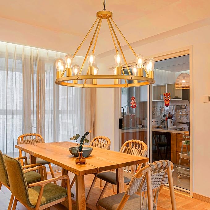 9MMML Gold Wagon Wheel Chandelier, 12-Light Industrial Pendant Light, 31.5'' Farmhouse Ceiling Hanging Chandelier Light Fixture for Living Room, Bedroom, Entryway, Foyer