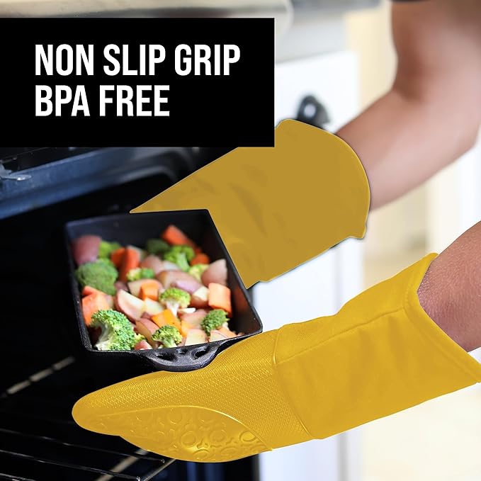 BPA-Free Soft Silicone Oven Mitts - Ultra Heat Resistant Oven Mitts with Thick Cotton Liner - Long Slip Resistant Pot Holders, Flexible Oven Gloves - Yellow 13.7"
