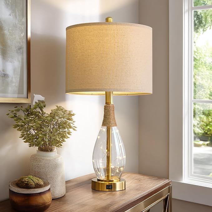 OYEARS 23" Table Lamps for Living Room Set of 2 Bedside Lamps for Night Stands Bedroom Lamps Farmhouse Rattan Boho Lamp Glass Nightlight End Table Lamp with USB C+A (Gold),Two Light Points