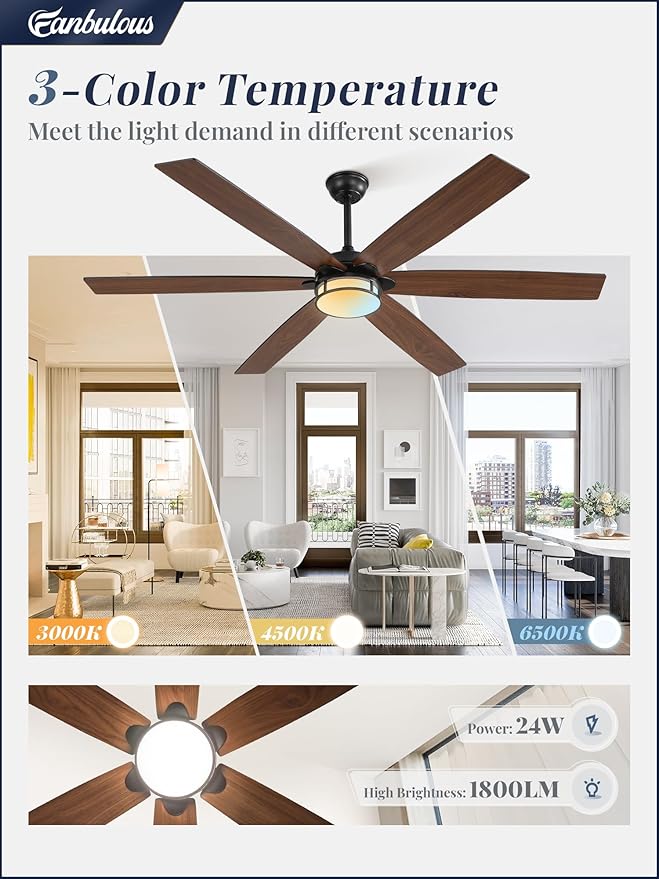 65 Inch Ceiling Fans with Lights, Farmhouse Large Ceiling Fans with Remote, Black&Brown Modern Ceiling Fan with LED Light, Quiet DC Motor for Living Room, Bedroom, Kitchen, Indoor
