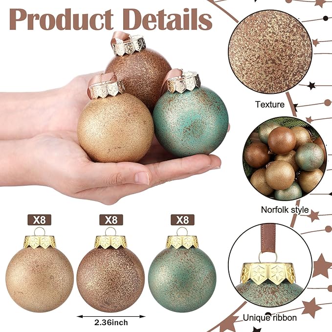 24 Pcs Neutral Textured Christmas Ball Ornaments 2.36'' Vintage Christmas Tree Decor Rustic Distressed Ornaments with Loop Shatterproof Hanging Ball for Farmhouse Xmas Decor (Nostalgic Color)