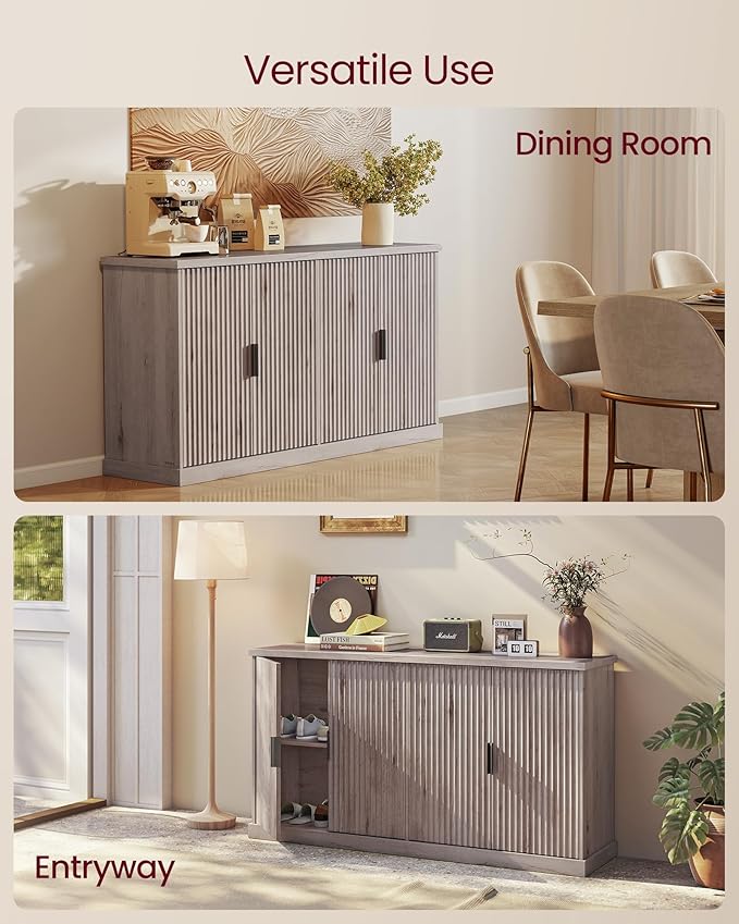 VASAGLE MAXE Collection - Transitional Buffet Cabinet, Console Cabinet, Sideboard with Adjustable Shelves, Fluted Doors, Buffet Table, Kitchen Pantry, Washed Gray UBBK382G01S