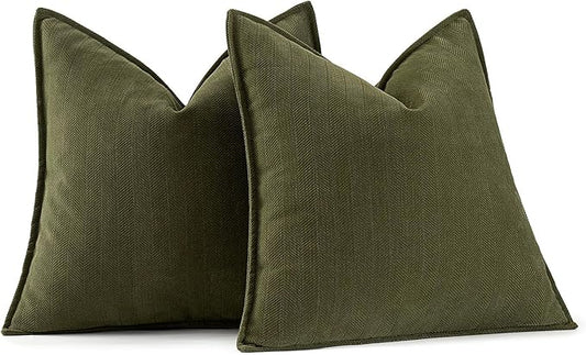 MIULEE Pack of 2 Olive Green Decorative Pillow Covers 18x18 Inch Soft Chenille Luxurious Couch Throw Pillows Farmhouse Cushion Covers with Elegant Design for Sofa Bedroom Living Room Home Decor