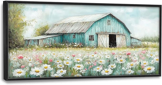 Farm Barn Large Wall Art for Living Room Framed, Farmhouse Wall Decor Pictures, Teal Barn Canvas Print Painting, Aesthetic Artwork Bedroom Office Home Decor 60"x30"