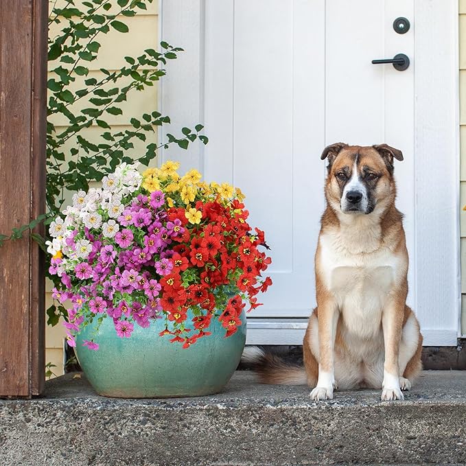 24 Bundles Artificial Flowers for Outdoors Decorations, Fake Flowers Artificial Plants Outdoor, Colorful Daisy Eucalyptus Realistic UV Resistant for Garden Patio Porch Home Decor