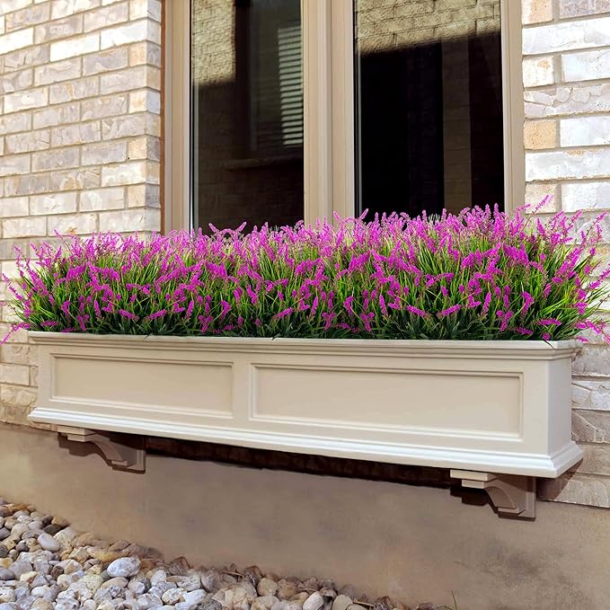 Artificial Flowers Faux Plants for Outdoor Decoration, 12 Bundles Fake Monkey Grass for Home Garden Front Porch Balcony, Lavender Flowers Shrubs UV Resistant No Fade Greenery Bush Planter (Lotus)