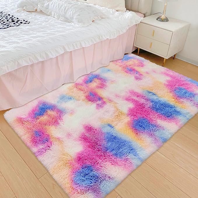 Small Fluffy Colorful Rug for Bedroom Girls 3x5 Kawaii Rainbow Tie Dye Area Rug Fuzzy Unicorn Throw Rug for Living Room Kids Nursery Baby Princess Room Living Room Home Decor Aesthetic Carpets