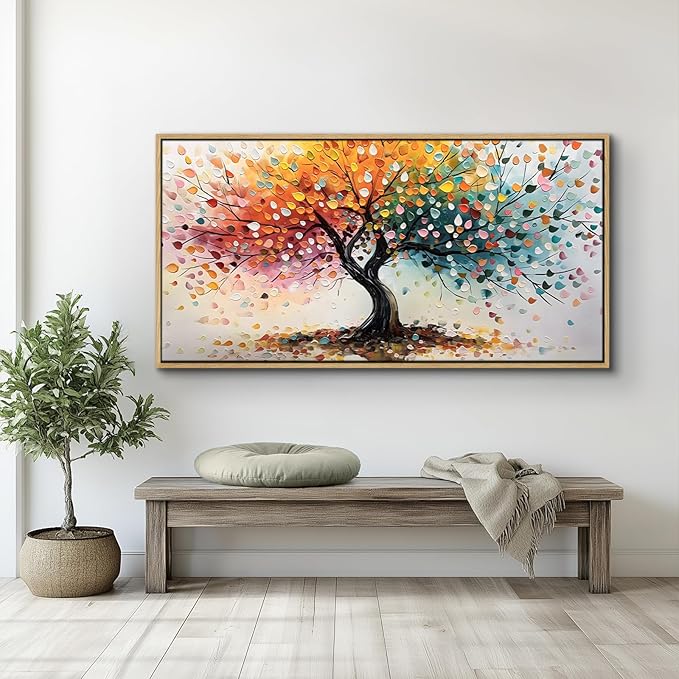 crmotu Tree of Life Large Framed Wall Art, Rainbow Tree Canvas Prints Abstract Painting, Colorful Modern Aesthetic Wall Pictures for Living Room Bedroom Bathroom Home Office Decorations 30"X60"