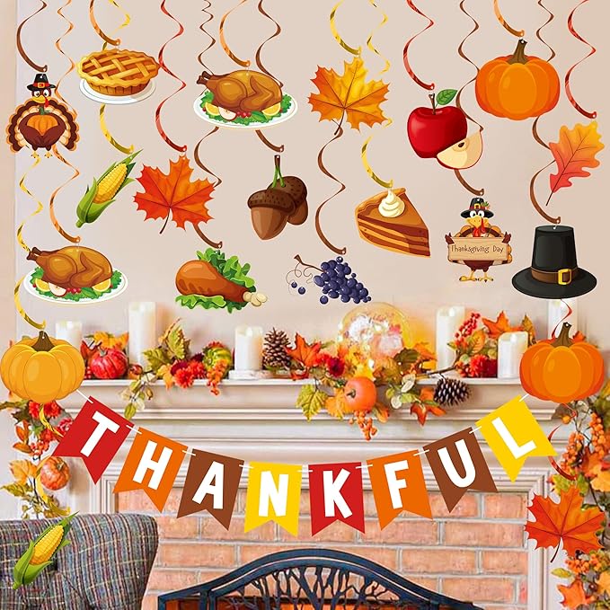 Thanksgiving Decorations Pre-strung Thankful Banner Turkey Pumpkin Maple Leaves Hanging Swirls Thanksgiving Hanging Ceiling Streamers for Indoor Outdoor Home Office Fall Autumn Harvest Party Decor