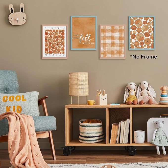 TLESKE Orange Fall Pumpkins Market Posters Prints Unframed Set of 4, Autumn Aesthetic Wall Art Prints for Dorm Bedroom Living Room, I Love Fall Most of All Pictures Wall Decor, 12x16