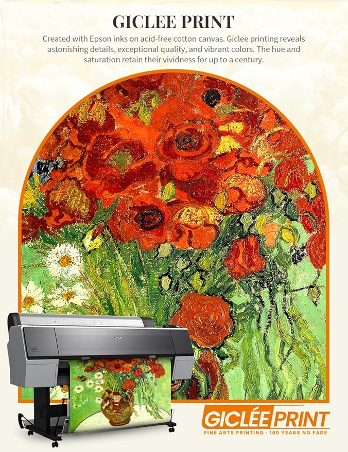 DECORARTS - Red Poppies and Daisies by Vincent Van Gogh, Large Giclee Canvas Print with Solid Wood Frame, Oversized Wall Art Decor