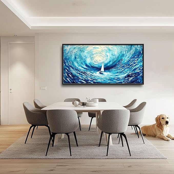 Sailboat Large Framed Wall Art Blue Sea Ocean Pictures Abstract Marine Nautical Fish Oversized Wall Decor Canvas Print Painting Aesthetic Modern Artwork for Living Room Bedroom Office Bathroom Home Decor 60L"x30W"