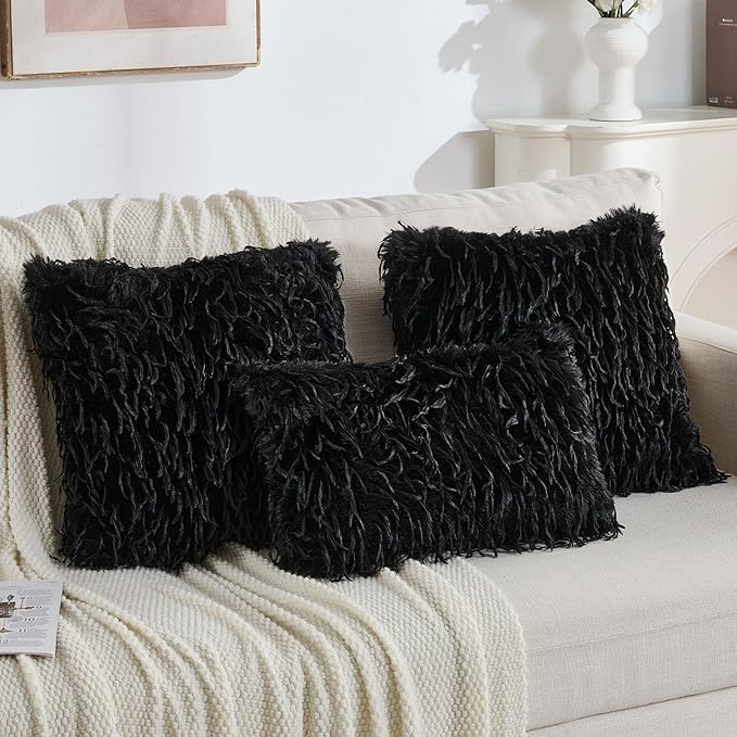 FUTEI Black Decorative Throw Pillow Covers 26x26 Inch Set of 2,Soft Fluffy Faux Feather Texture Euro Pillow Shams,Modern Home Luxury Decor for Couch Bed Living Room