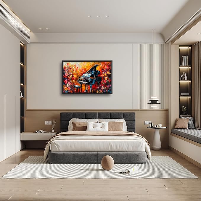 Olivine Music Large Wall Art, Vintage Piano Pictures Wall Decor, Jazz Painting, Musical Instrument Canvas Prints, Framed Artwork for Studio Dining Room Living Room Bedroom Bathroom Office Home 36"x24"