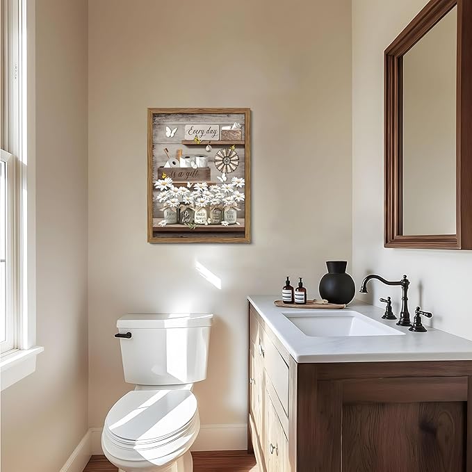 Wood Framed Farmhouse Bathroom Wall Art, Vintage Rustic Daisy Canvas Wall Decor Paintings, Flower Butterfly Inspirational Posters Prints Pictures Artwork for Bathroom Bedroom Living Room 12x16 Inch