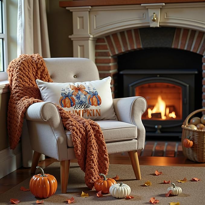 Chinoiserie Fall Hello Pumpkin Pillow Covers 20x12,Autumn Decor,Blue and White Orange Chinoiserie Pumpkin Decorative Throw Pillow Covers for Home Bedroom Living Room