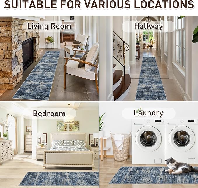 Machine Washable Area Rugs 2x3: Small Entryway Rug with Non Slip Backing Non Shedding Stain Resistant Abstract Carpet for Living Room Bedroom Kitchen Laundry Under Dining Table - Beige/Blue