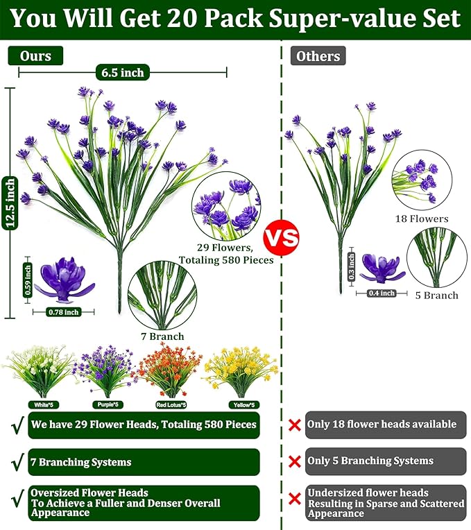 TURNMEON 20 Bundles Artificial Flowers for Outdoors Fake Plants Gardens Home Fall Decor, UV Resistant Artificial Plants Fake Flowers Faux Plastic Greenery Shrub Porch Patio Indoor Decorations 580 Head