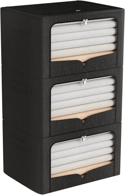 3 Pack Clothes Storage Bins Foldable Metal Frame Storage Box Stackable Linen Fabric Organizer Set with Carrying Handles and Clear Window (Black, 15.7x11.8x7.8inch(22L))